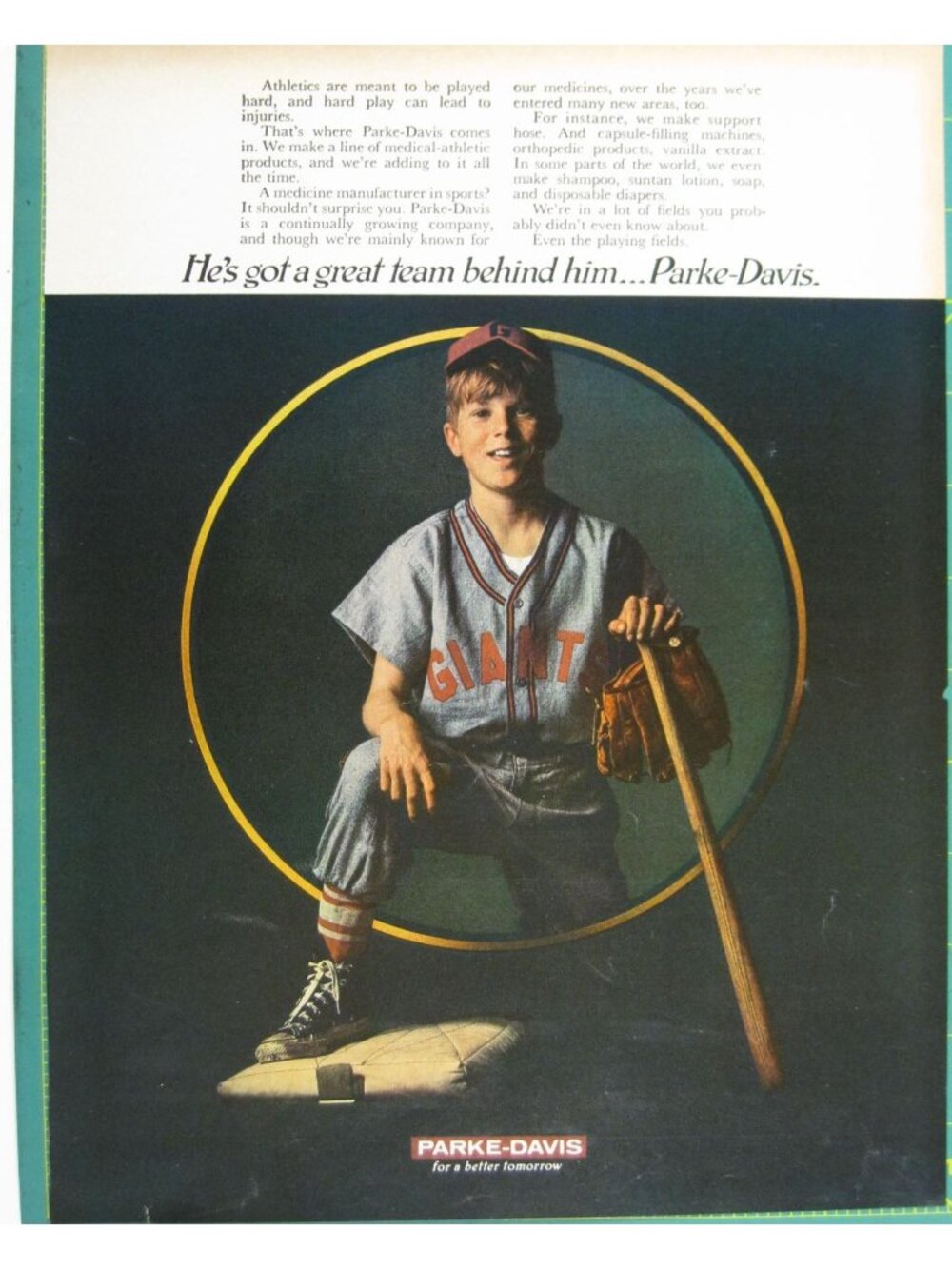 Print Ad Parke-Davis Baseball Medical Products Advertising Vintage 1960s Mitt